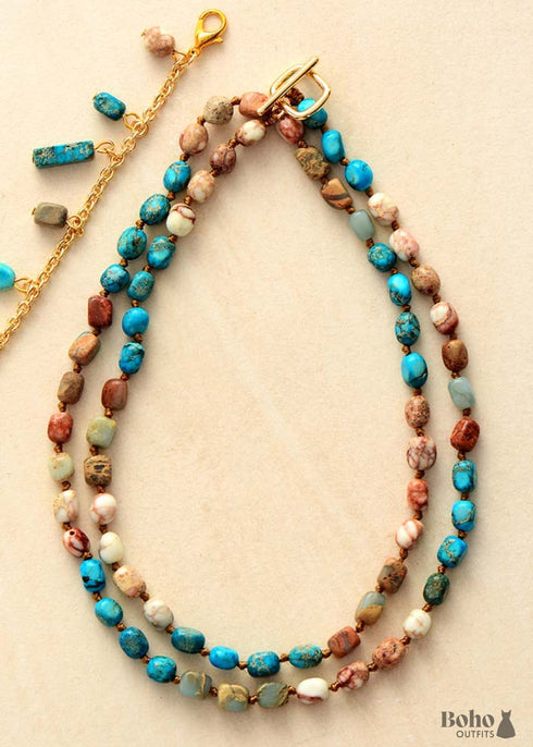 Boho Necklace, Mala Necklace, Blue & Brown Imperial Jaspers